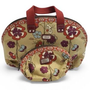Fossil Floral Canvas Satchel Tan and Red Cosmetic Bag Duo New